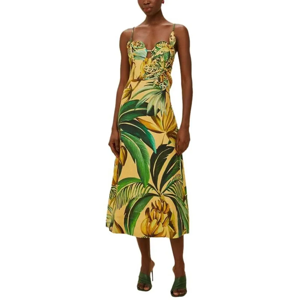 Farm Rio Womens Linen Midi Dress, Yellow - Picture 1 of 3